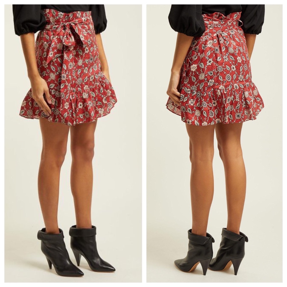 Isabel Marant Etoile Tempster Skirt (Sz FR 40) Linen Wrap Mini Floral Rust - Picture 2 of 16